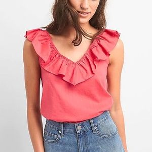 GAP V-Neck Pink Ruffled Striped Blouse
